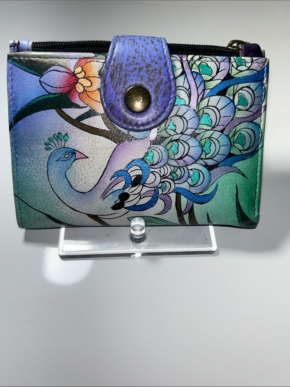 NWT Genuine Leather Hand Painted Peacock Design Anuschka Brand Wallet